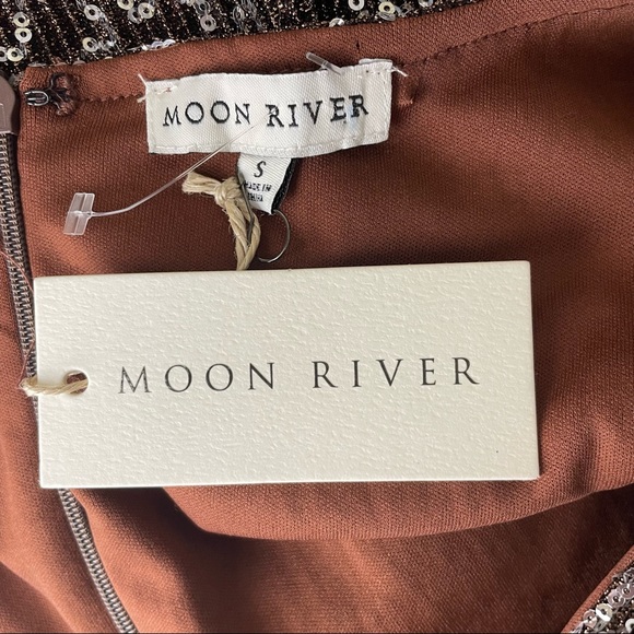 MOON RIVER NWT BROWN SILVER SEQUIN SHORT SLEEVE DRESS SMALL - Picture 6 of 9